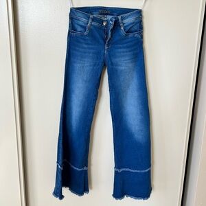 Blue Flare Wide Leg Jeans with Raw Hem